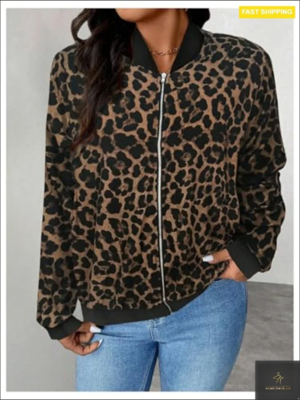 Leopard Print Zip Up Jacket Long Sleeve Collared Lightweight Casual Outerwear
